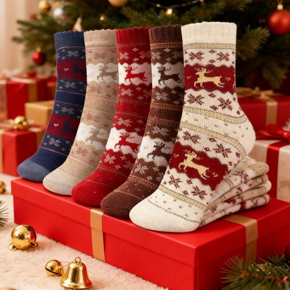5 Pairs Cozy Thick Socks Festive Christmas Reindeer & Snowflake Stocking Stuffer
